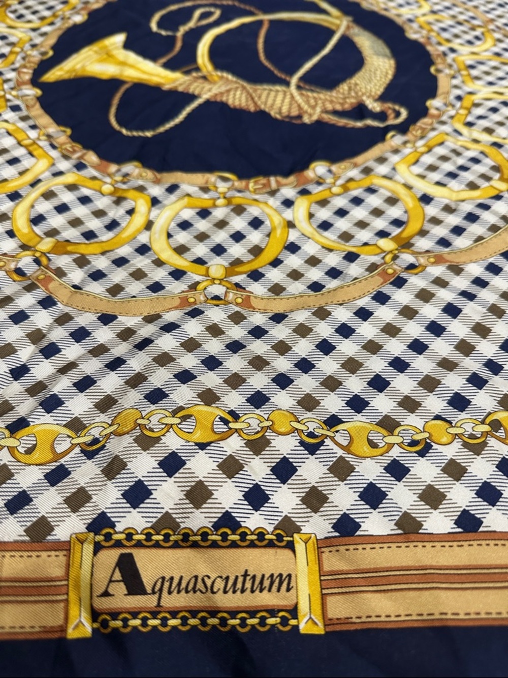 Aquascutum London Navy and Gold Equestrian Print Silk Scarf - Picture 2 of 6